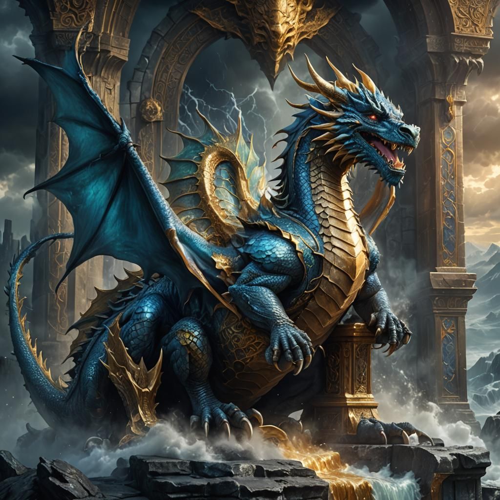 Dragon King on Throne in Mystical Landscape