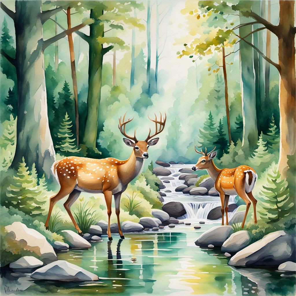 Watercolor Deer at Forest Stream in Impressionist Style