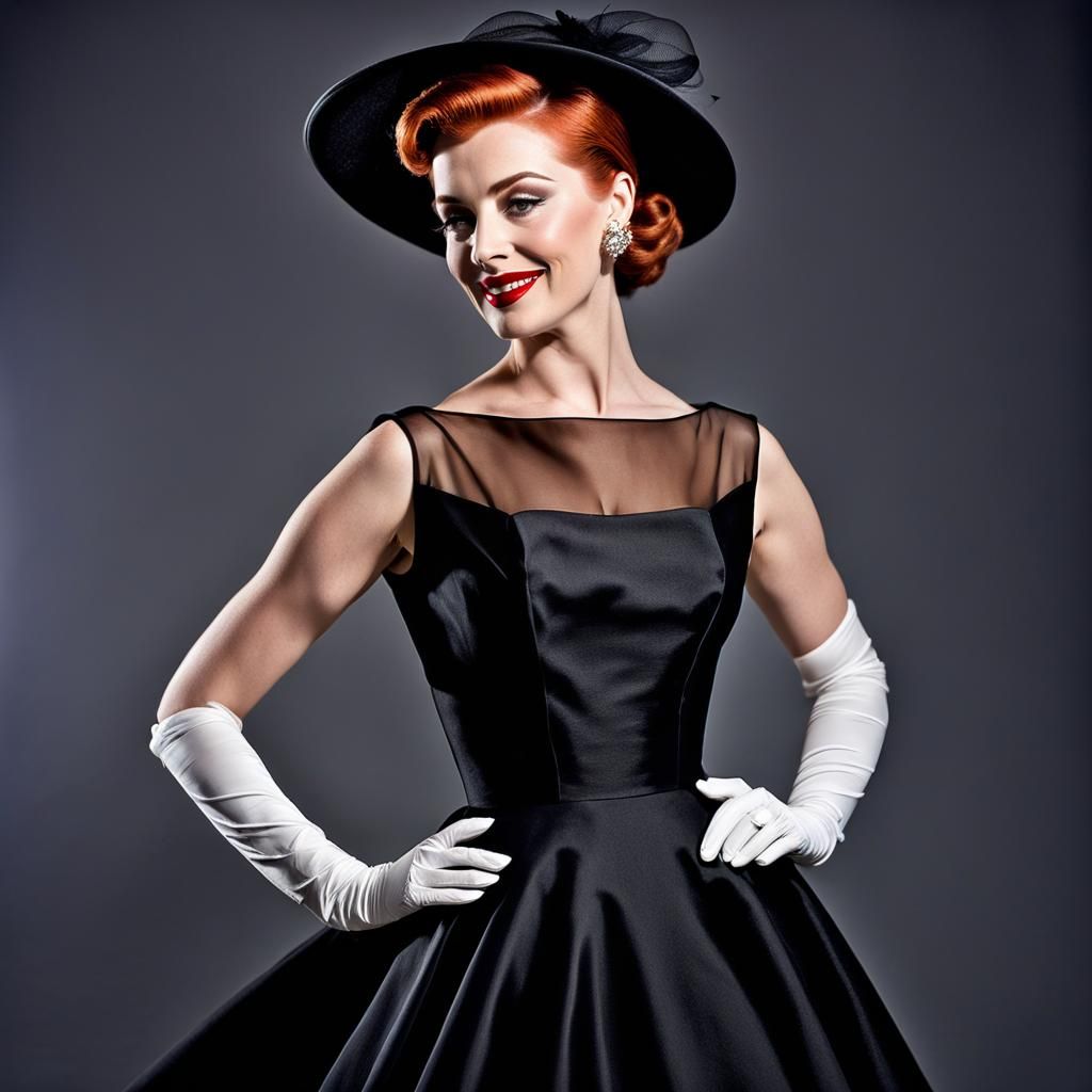 1950s Woman in Black Dress, Hyperdetailed Portrait