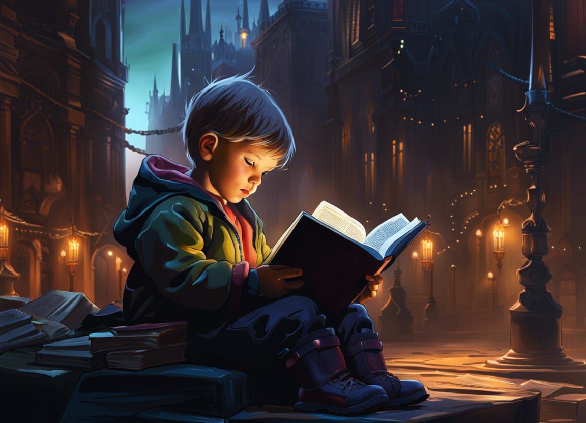 Toddler Reading Bible in City, Dark Fantasy Art