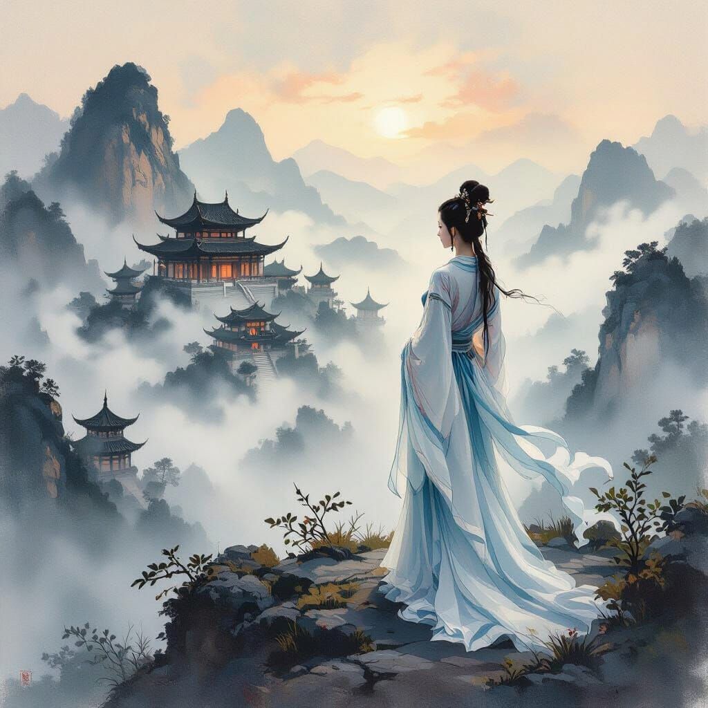 Majestic Chinese Woman on Misty Mountain Peak