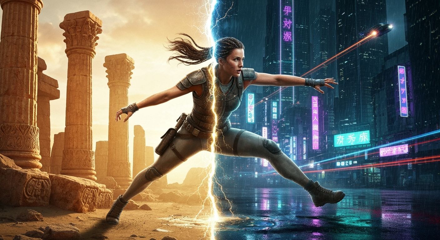 Adventurer Split Between Cyberpunk and Ancient Worlds