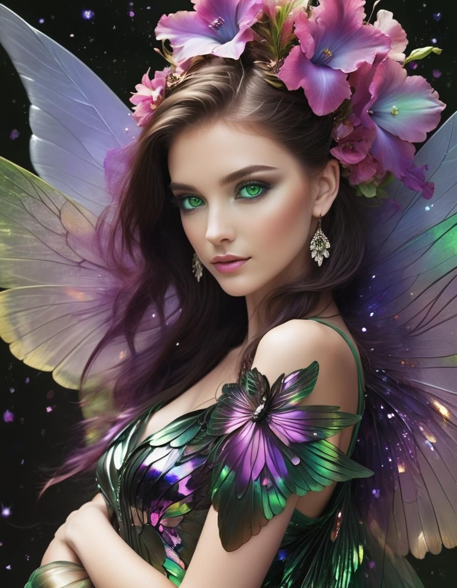 Cheerful Fairy with Iridescent Wings in Vivid Colors