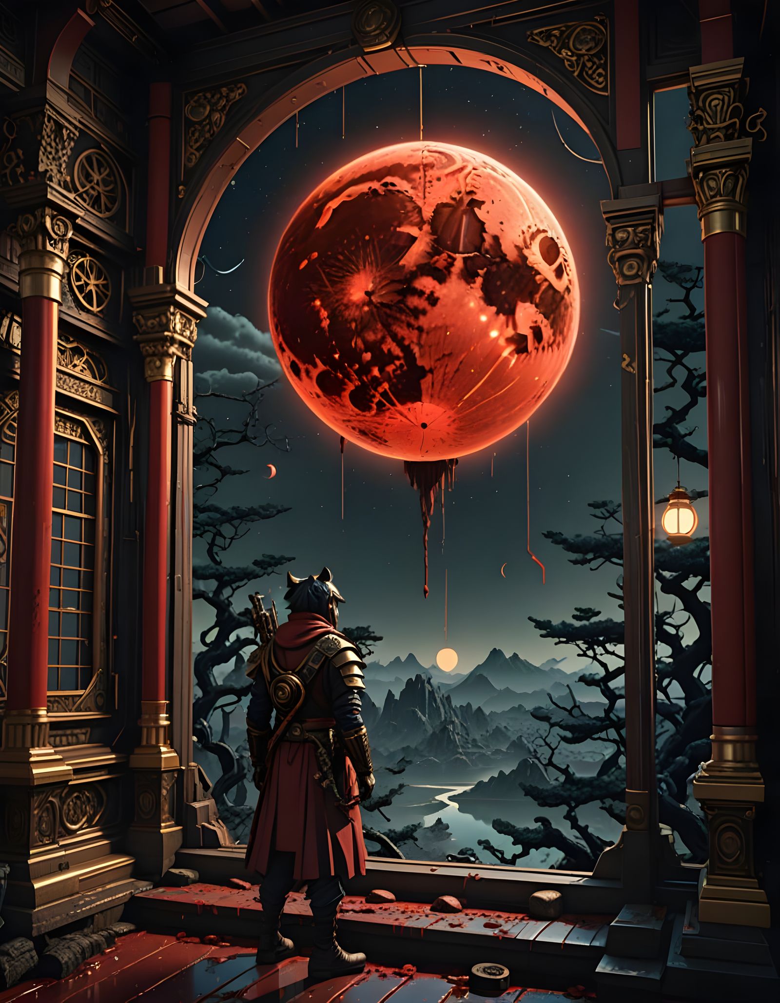 Dark Red Blood Moon Rises over Japanese Temple in Steampunk ...