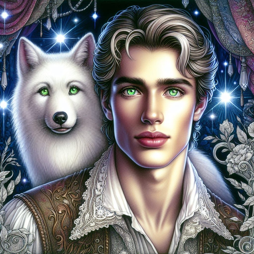 Enchanted Portrait: Young Man and White Wolf