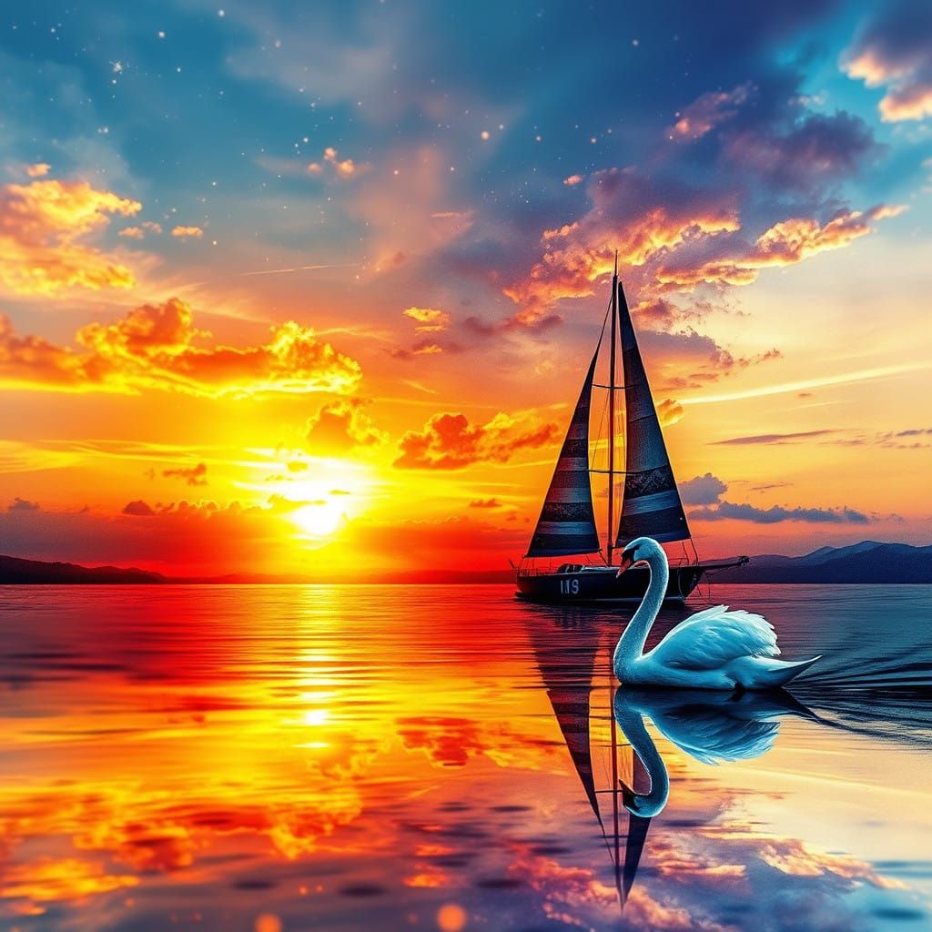 Surreal Sunrise Fantasy with Swan and Sailboat in Watercolor...