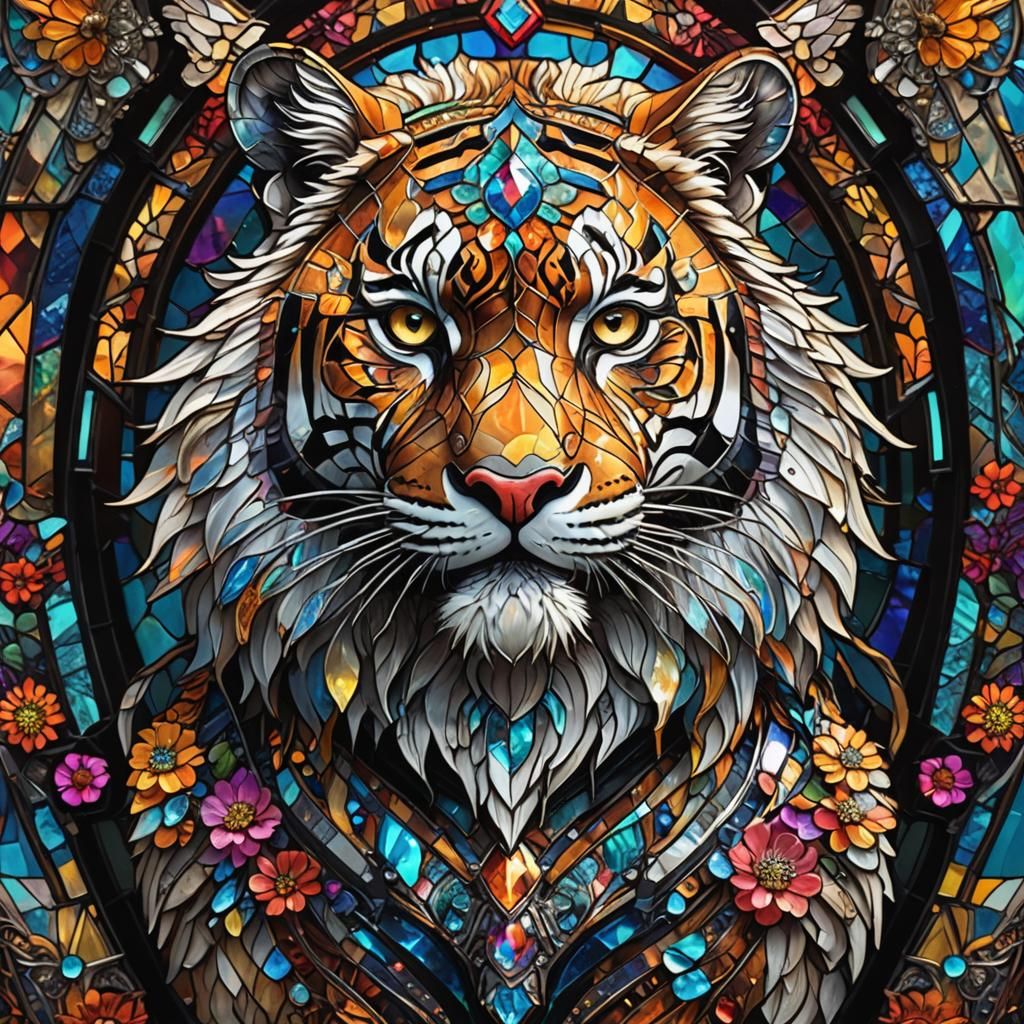 Stained Glass Tiger Warrior in Cosmic Fantasy Style