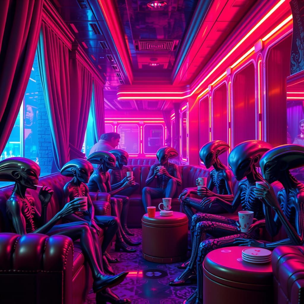 Intergalactic Aliens in Neon Lounge, 8K Matte Painting