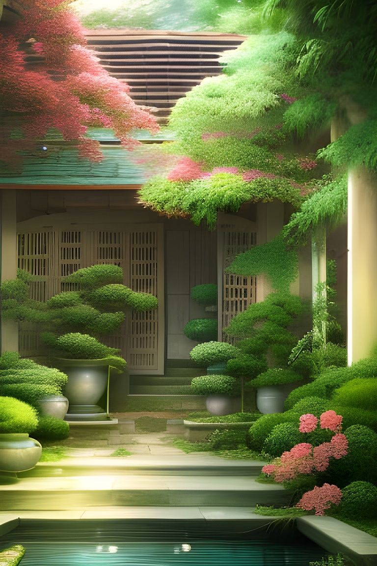 Elegant Asian Garden Back Porch in Digital Illustration
