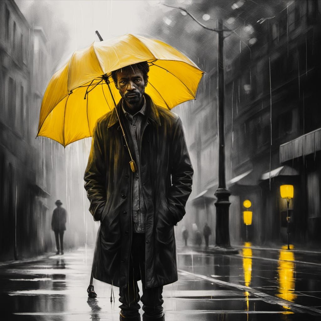 Charcoal Portrait with Umbrella and Rainboots in Vibrant Yel...