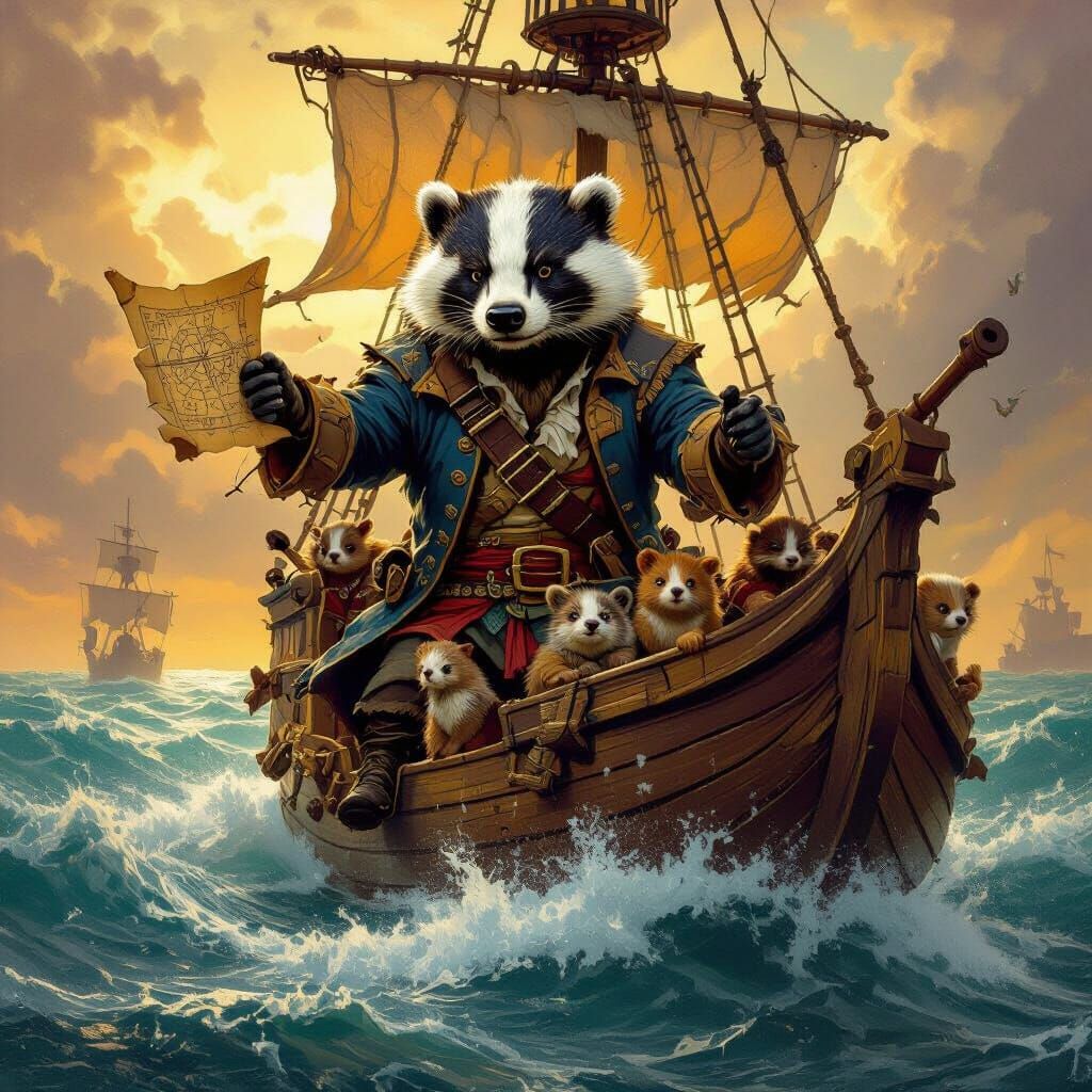 Woodland Creatures Sailing as Pirates in Baroque Style