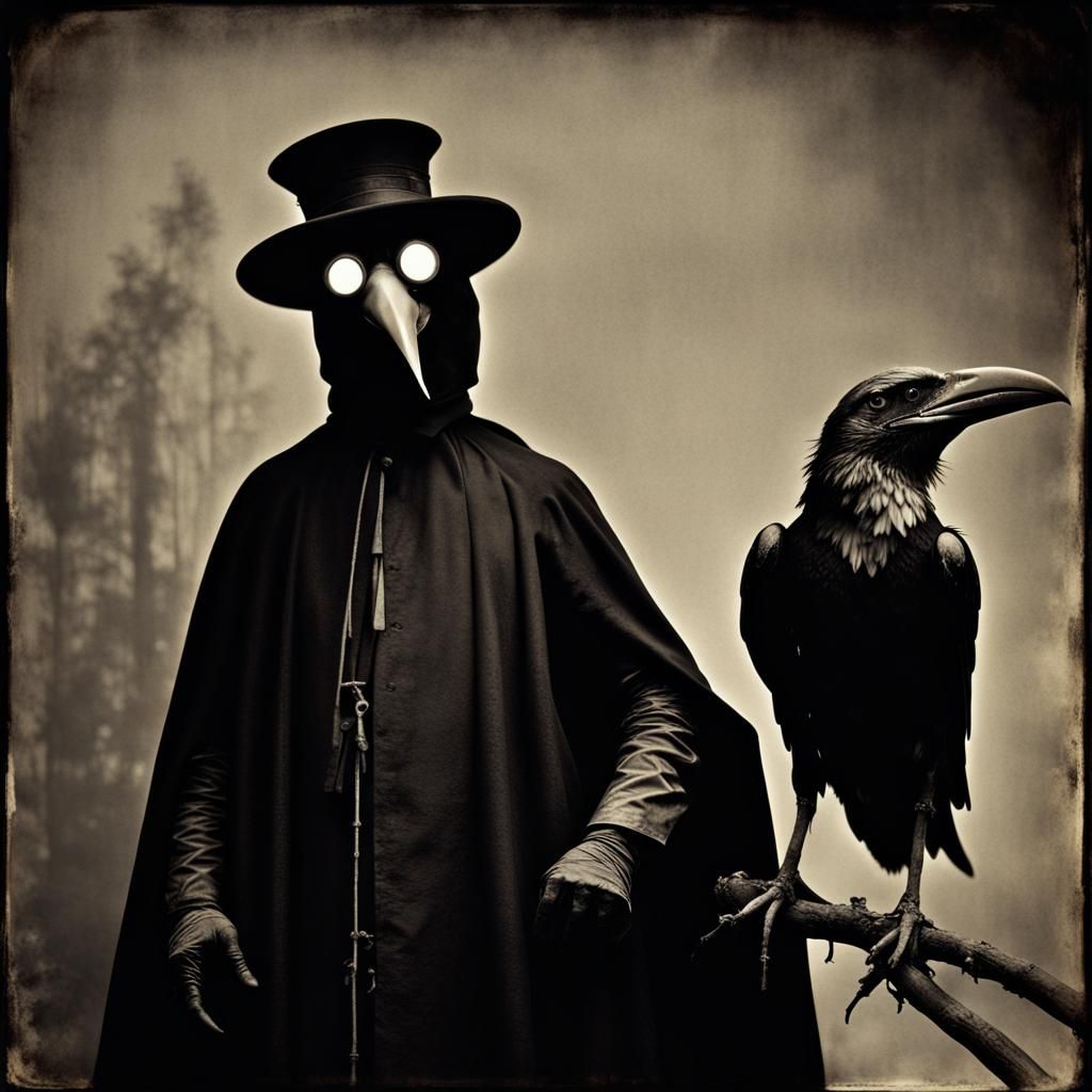 Menacing Plague Doctor with Crow in Photoillustration Style