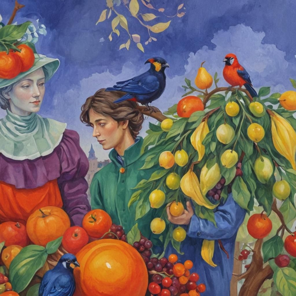 Surreal Isometric Market Scene with Exotic Birds