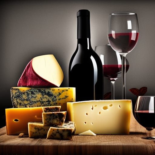 Hyperrealistic Cheese and Wine Still Life