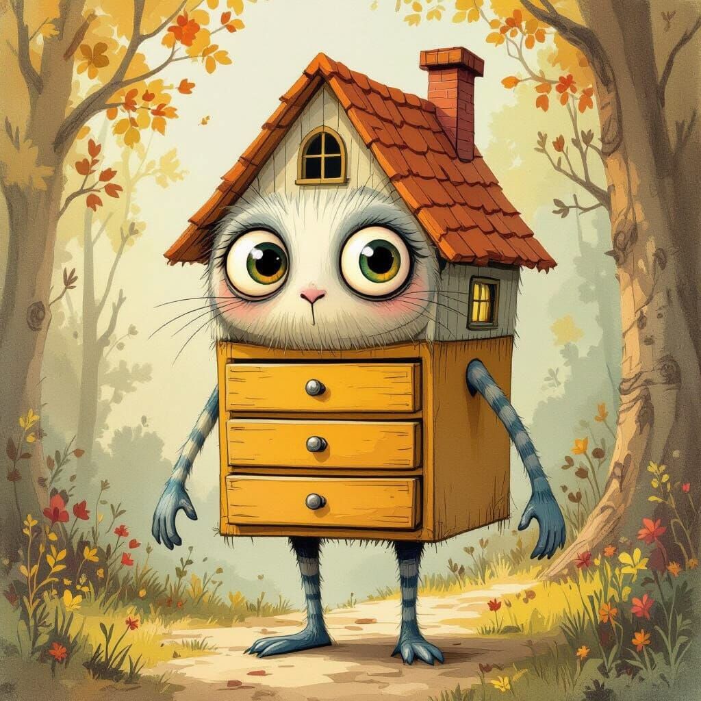 Whimsical Creature with House Head and Drawer Arms