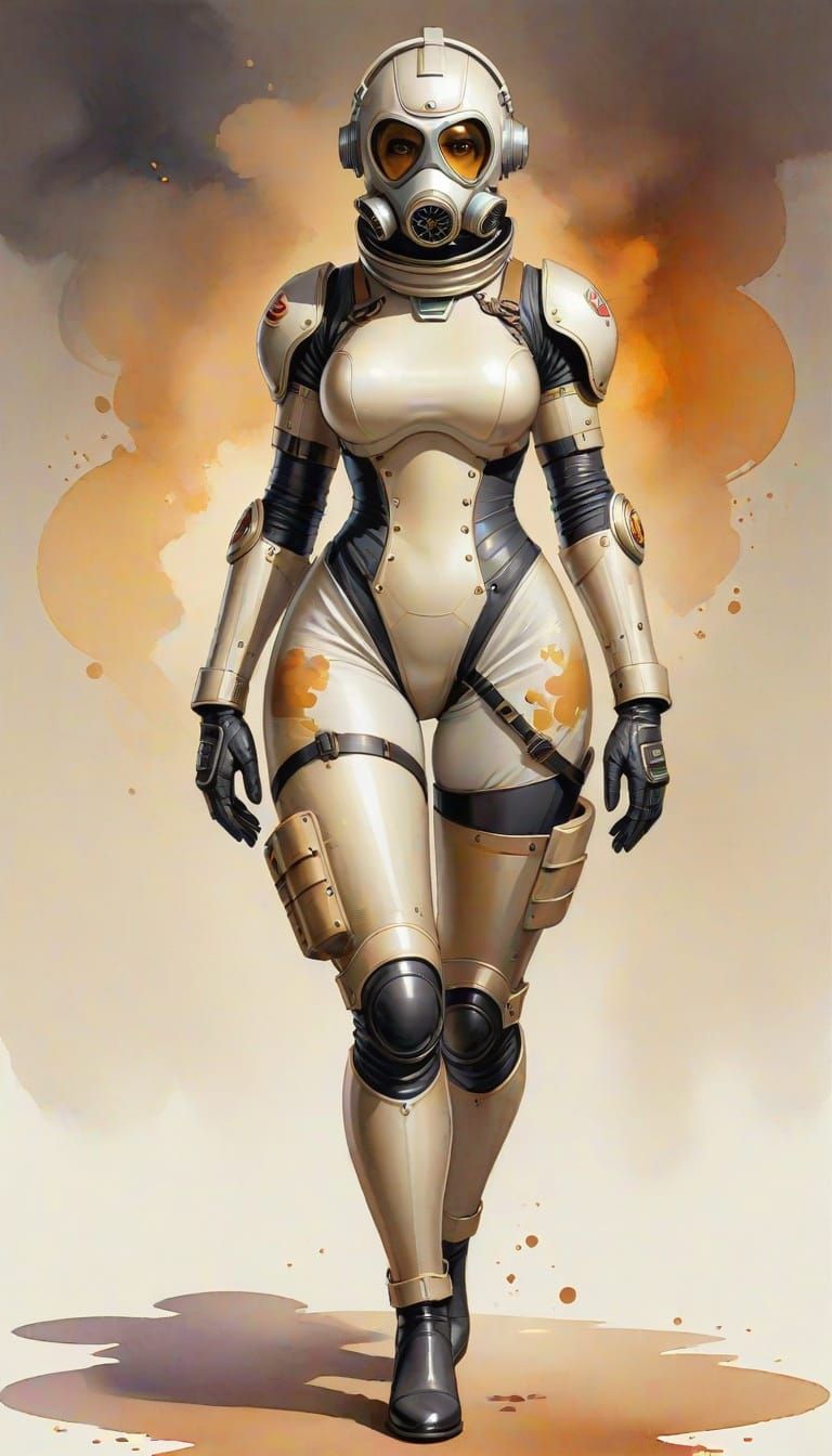 Gas mask, 

Short, mocha blonde hair and hazel eyes, latex Bodysuit