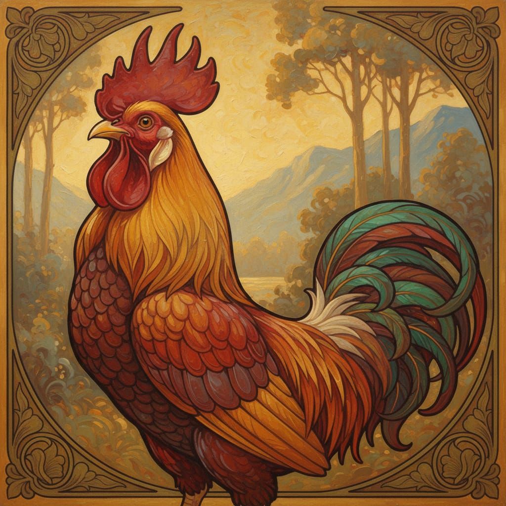 Rooster Crowing at Sunrise in Tonalist Style
