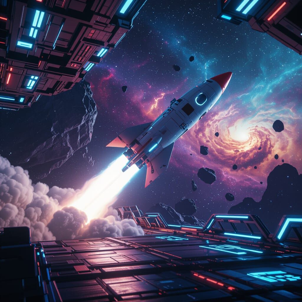 Futuristic Rocket Launching from Neon Space Station