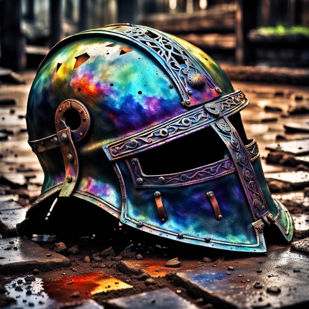 Iridescent Helmet on Muddy Floor: Digital Watercolor