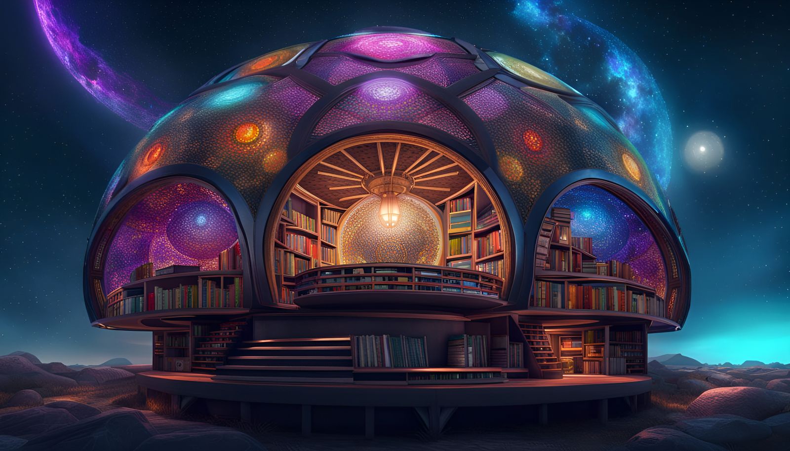 Solarpunk Librarian in Floating Island Library