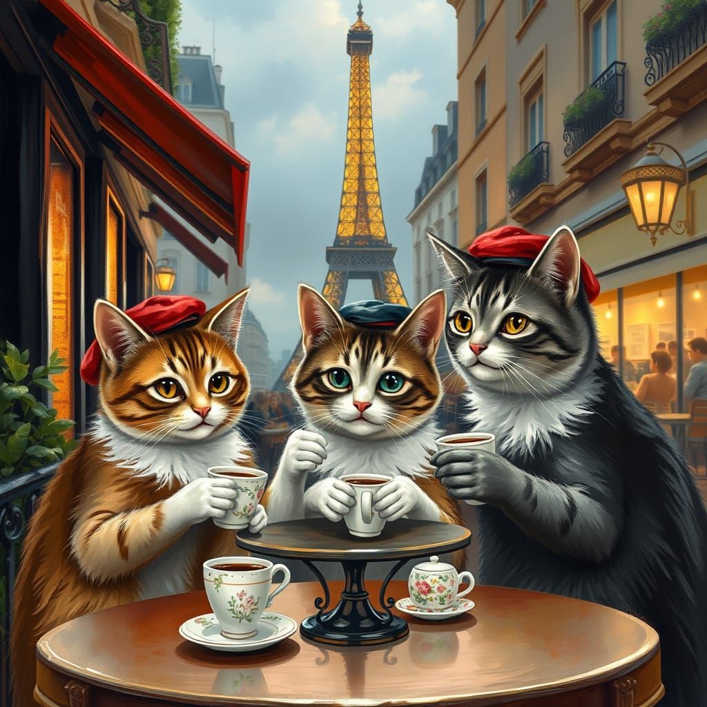 Cats Sipping Coffee in Parisian Cafe with Eiffel Tower