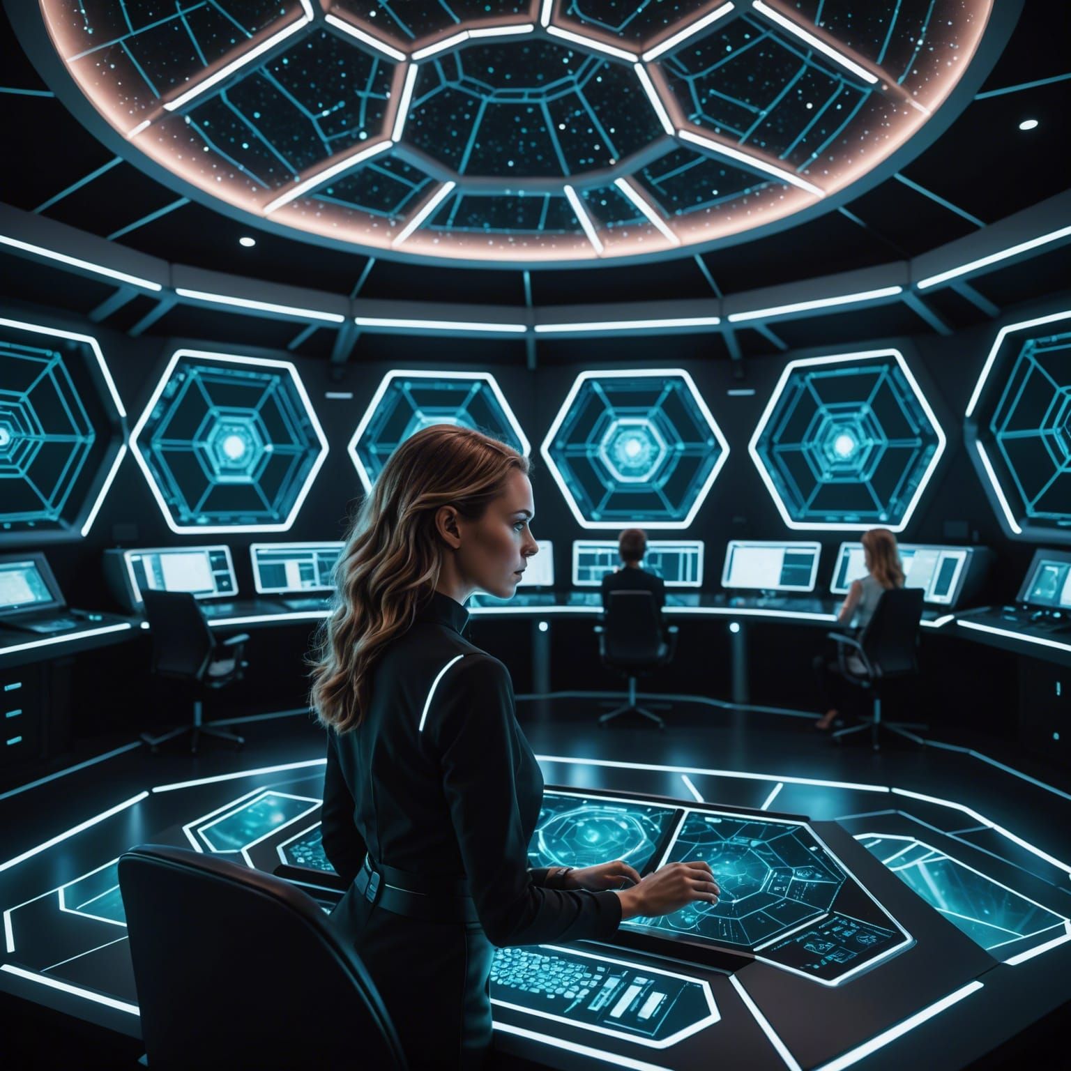 Stellar Starship Control Room with Neon Touchscreens
