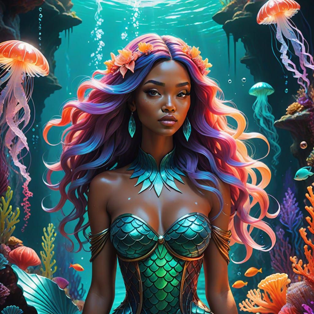 Neon Mermaid Goddess in Vibrant Oceanic Dream