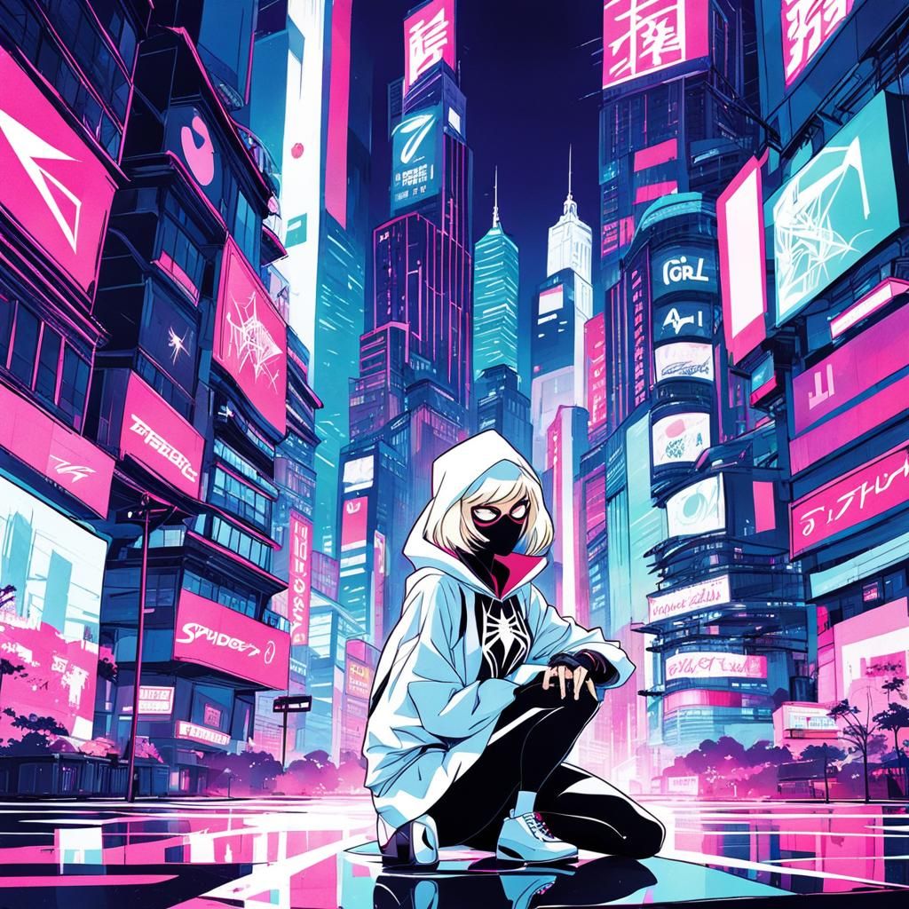 Spider-Gwen in Cityscape: Studio Ghibli Anime Style