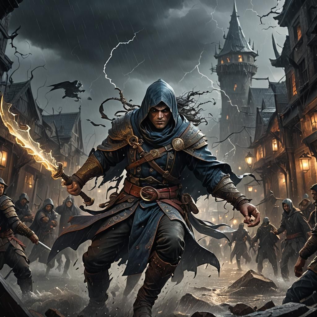 Mystical Thief in Stormy Fantasy Battle, 8K