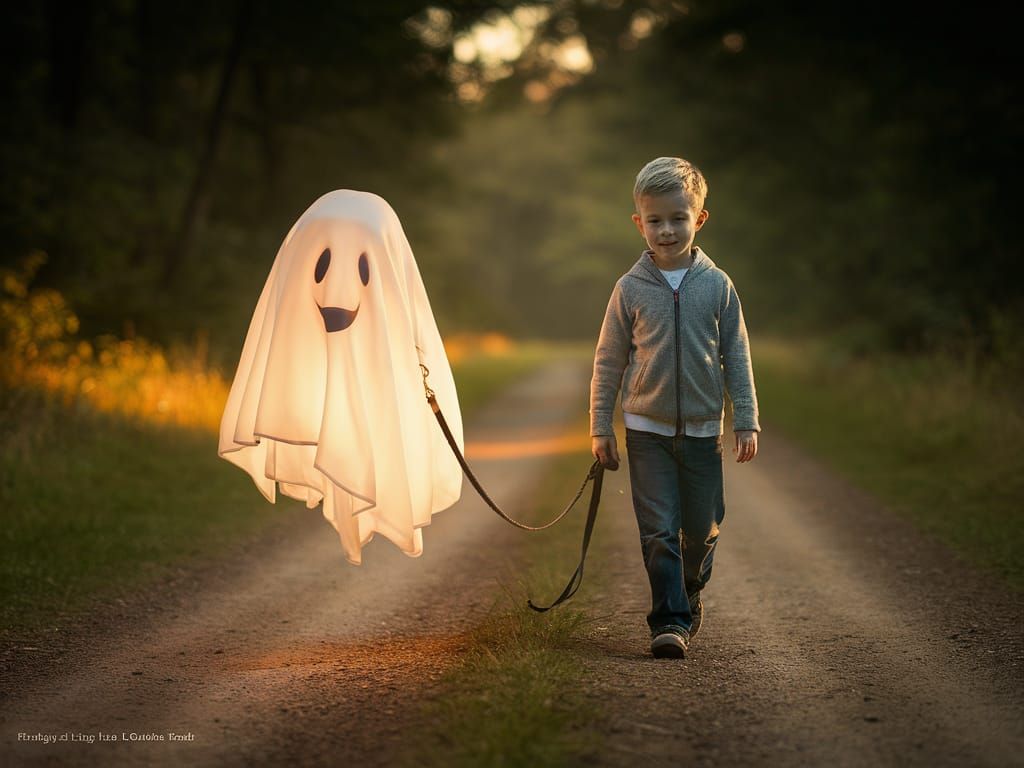 Boy Walks Pet Ghost Through Forest at Sunset