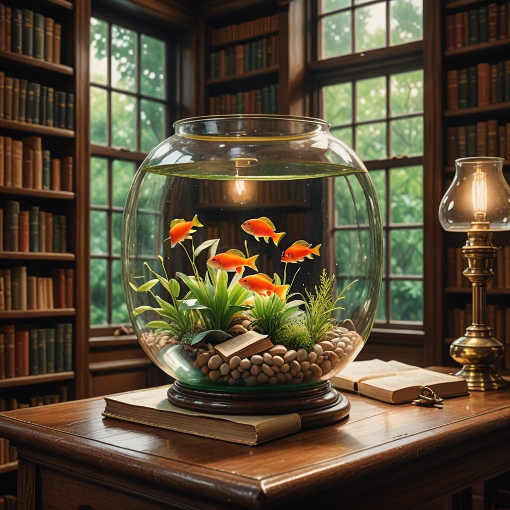 Surreal Watercolor Painting of a Vintage Library with a Uniq...