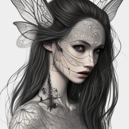 Magical Faerie Portrait in Modern Ink Painting Style