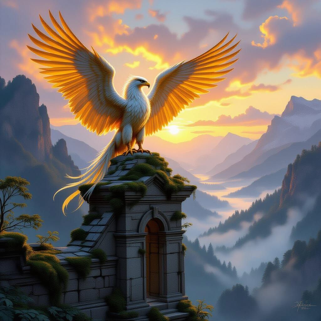 Majestic Griffin on Ancient Ruins at Twilight