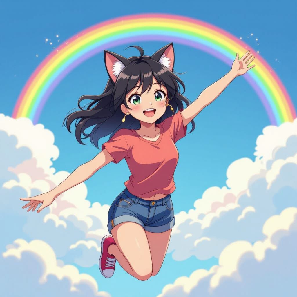 Anime Girl with Cat Ears Flies Past Rainbow
