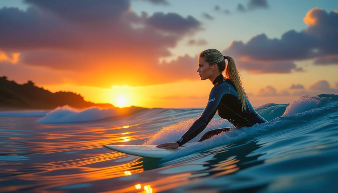 Woman Surfing at Sundown in Cinematic Style