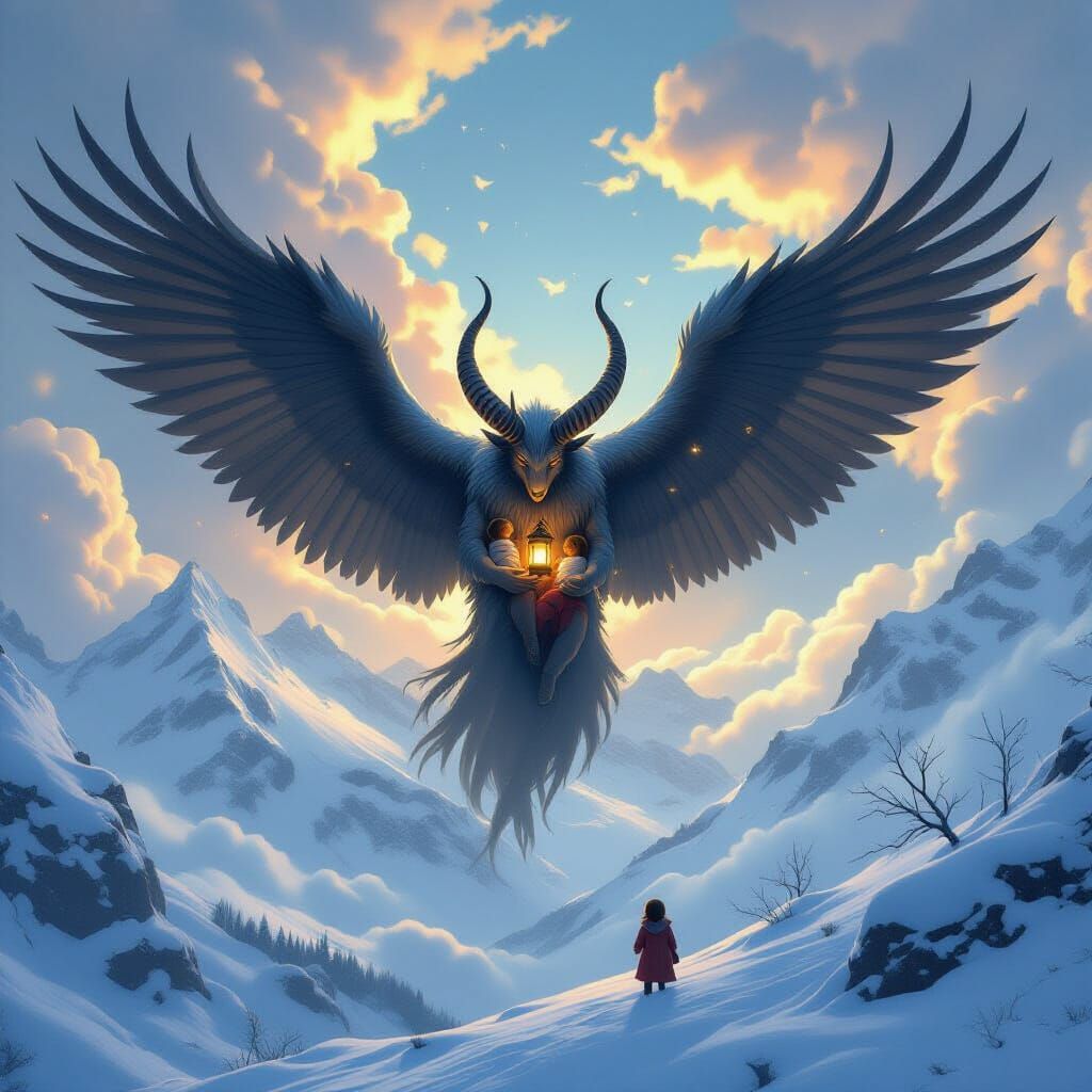 Horned Sky Beast Soaring with Children