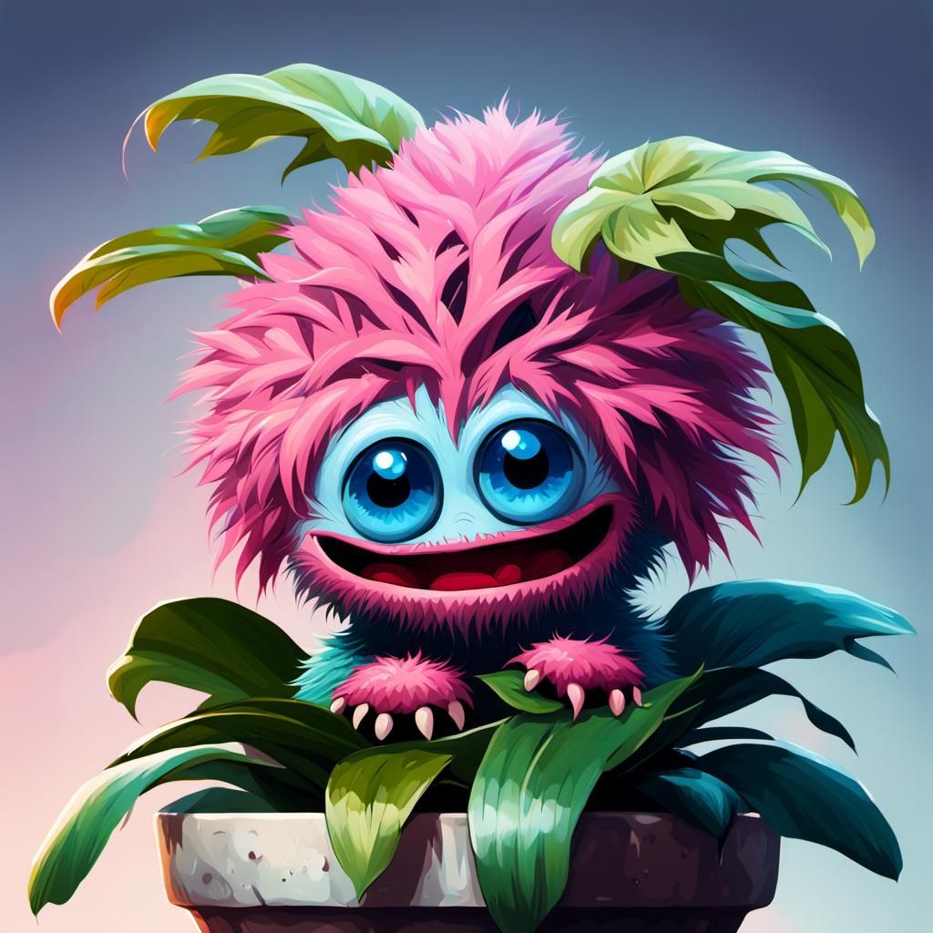 Monsteria Plant with Pink Monster, Digital Art