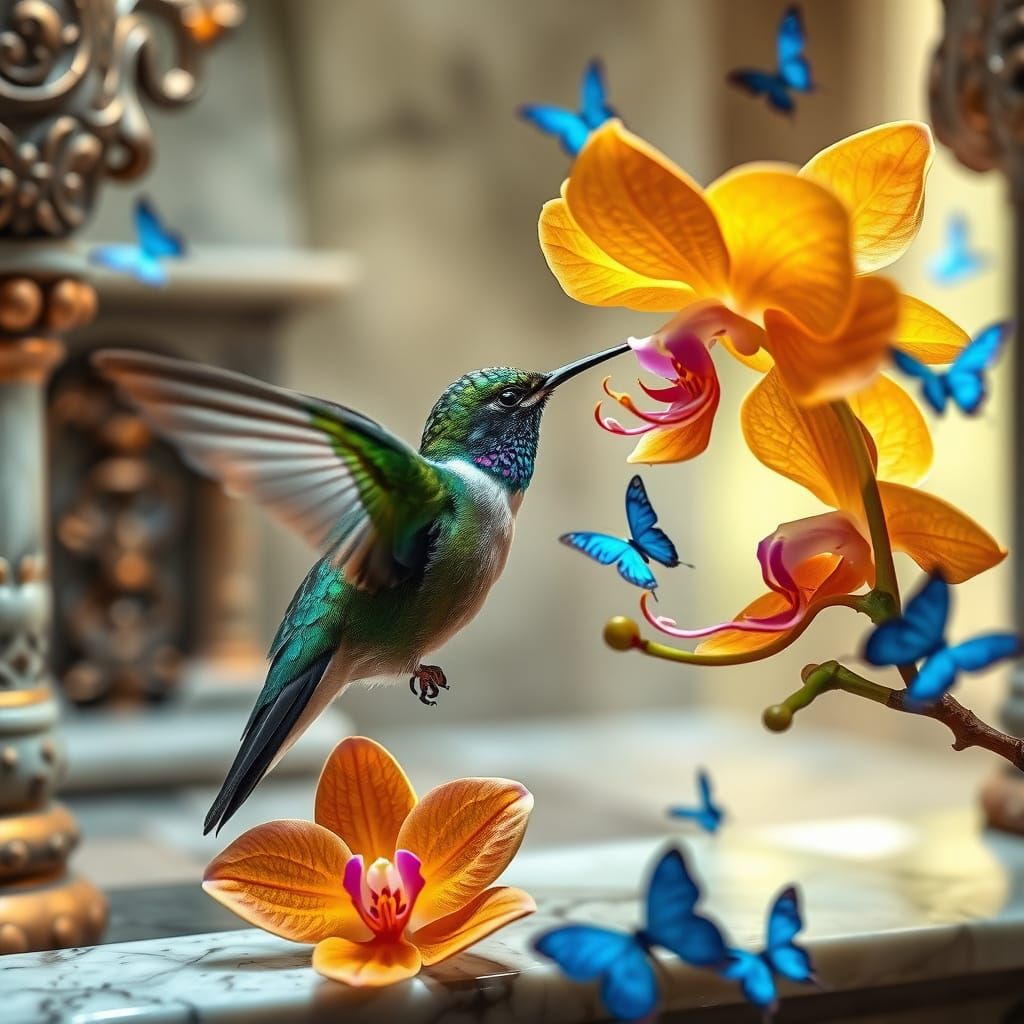 Emerald Hummingbird Sips Nectar from Golden Orchid in Marble...