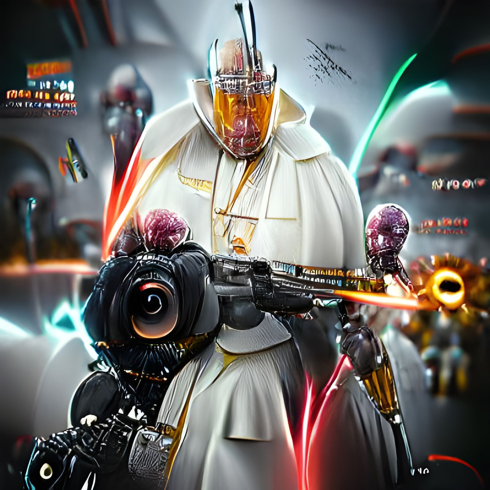 Futuristic Cybernetic Pope Battles Darth Vader's Minions