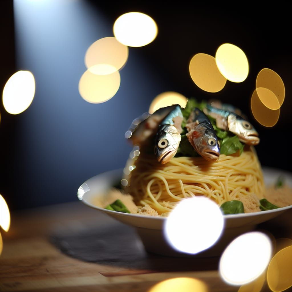Spaghetti Salad Cake with Fish Heads Photograph