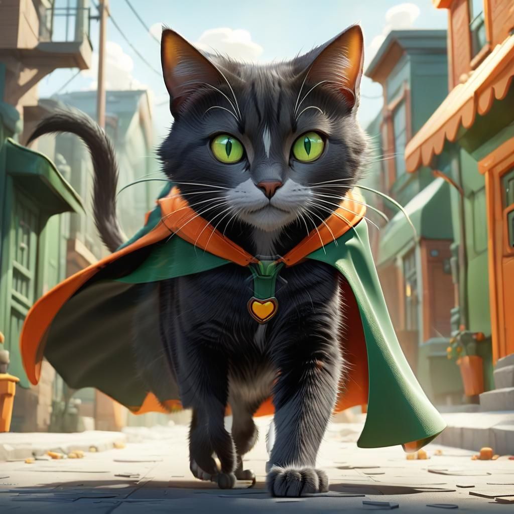 Heroic Cat Protecting Neighborhood as 3D Digital Art