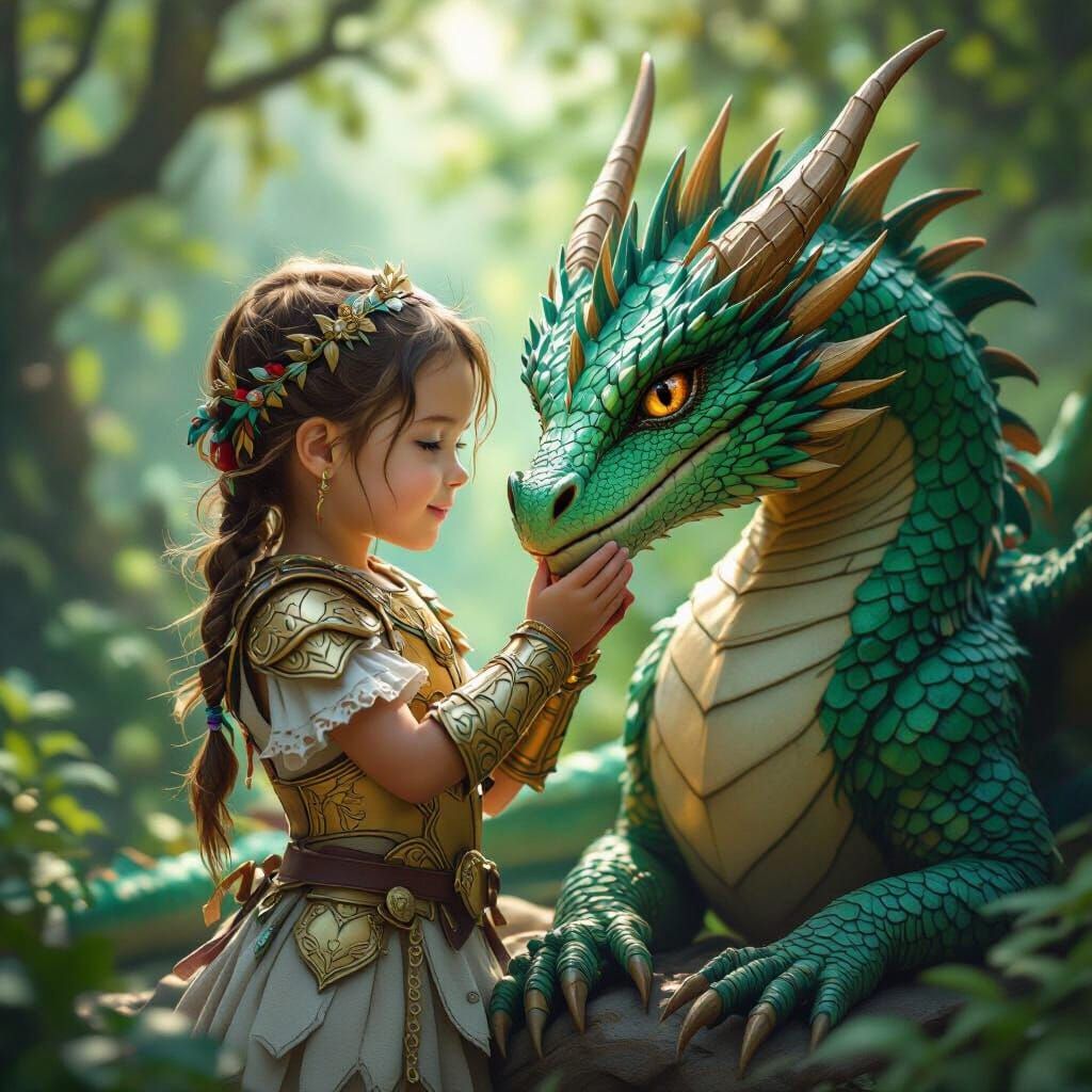 Girl in Homemade Armor Pets Majestic Dragon