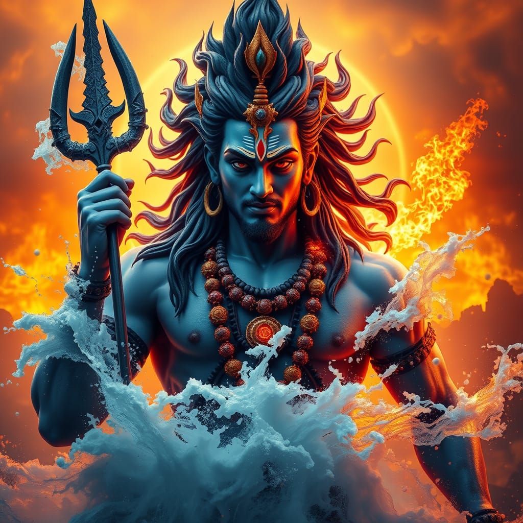 Majestic Lord Shiva in Turbulent Water and Flames, Golden Ho...