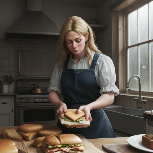 Hyperrealistic Photo of Woman Making Sandwich