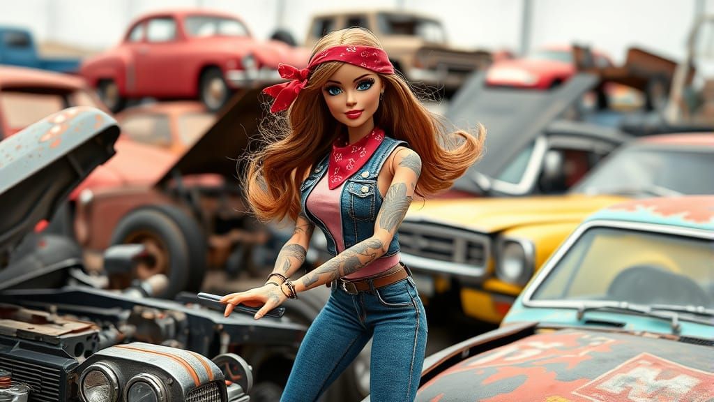 Rugged Tattooed Barbie Dismantles Cars in a Junkyard