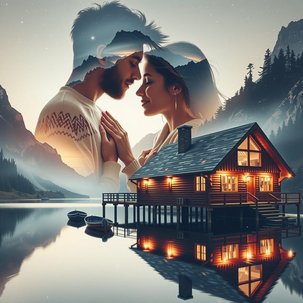 A double exposure photo of a romantic scene set against a br...