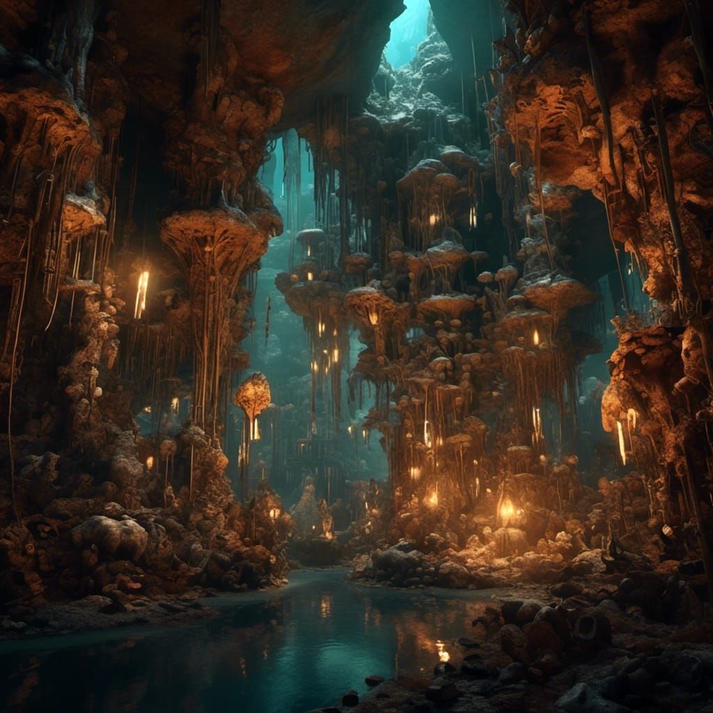 Steampunk Engine in Hyperreal Cavern with Stalactites