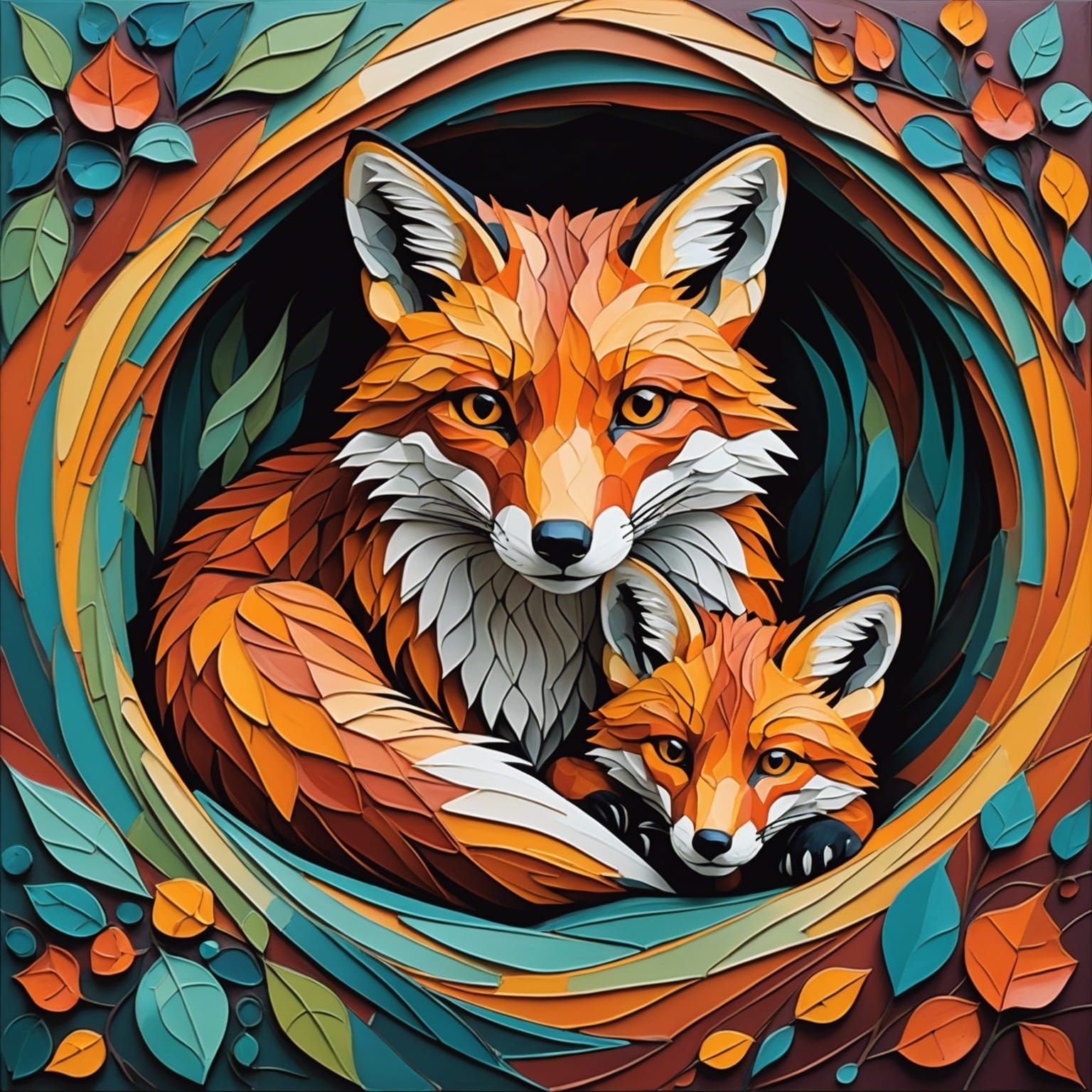 Fox and Cub in Colorful Expressionist Style