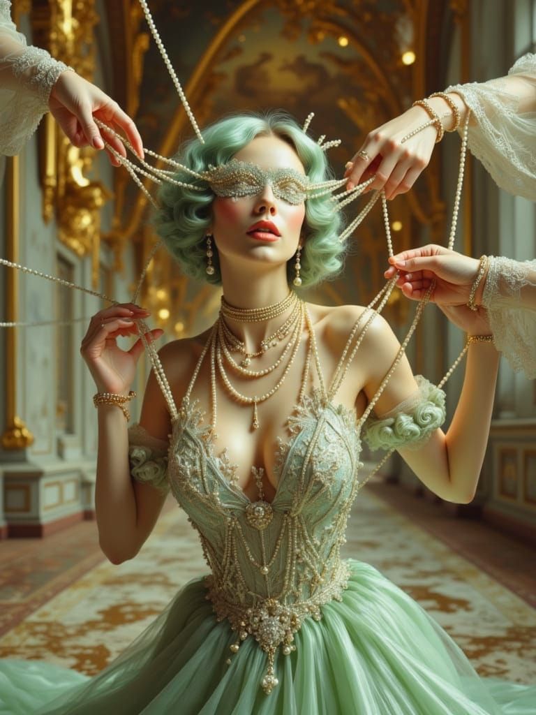 Rococo Marionette in Decayed Ballroom