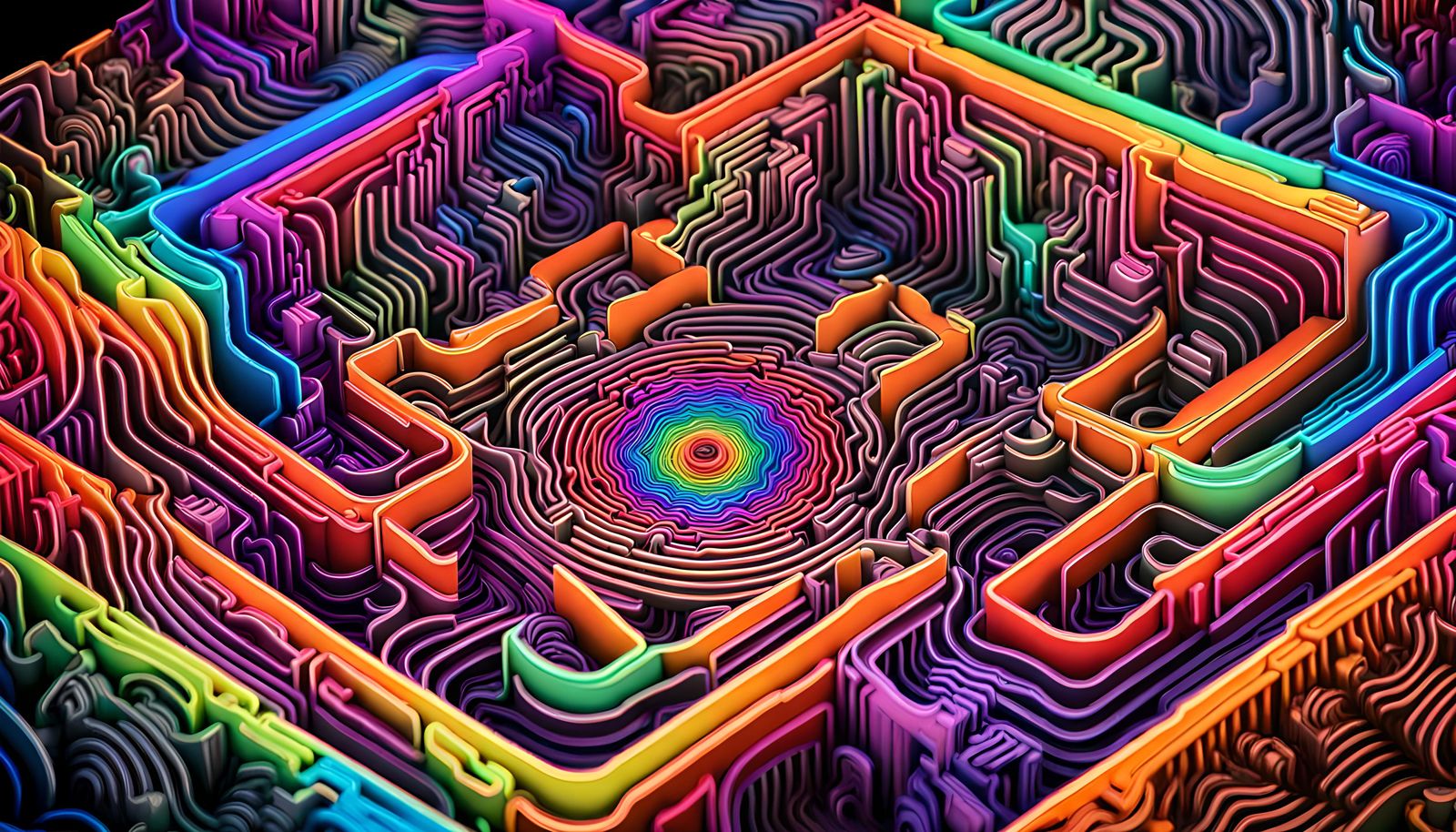 Neon Rainbow Vortex Maze in Escher Style